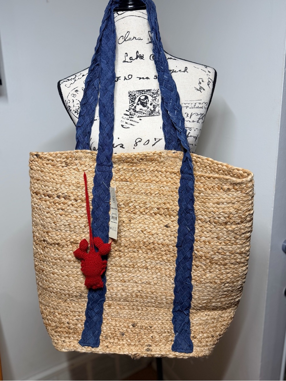 NWT No Boundaries Jute Tote Braided Blue Denim Lobster Charm Coastal Boho Bag